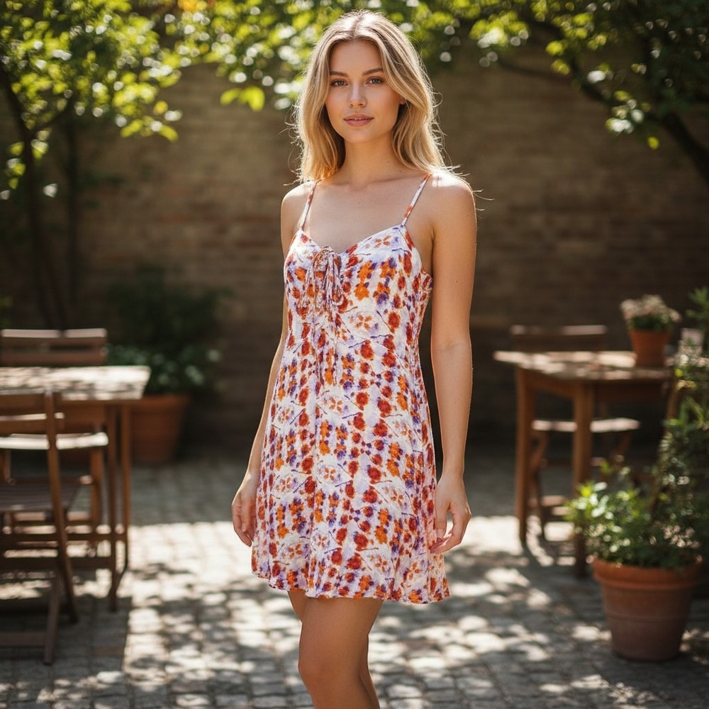 Aerie Women Floral Mini Dress Orange Purple Tie Front Keyhole Smocked Medium